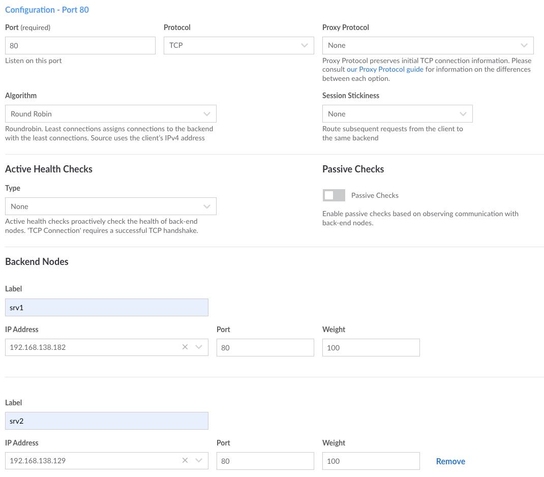 The NodeBalancer configuration screen after making the indicated changes.