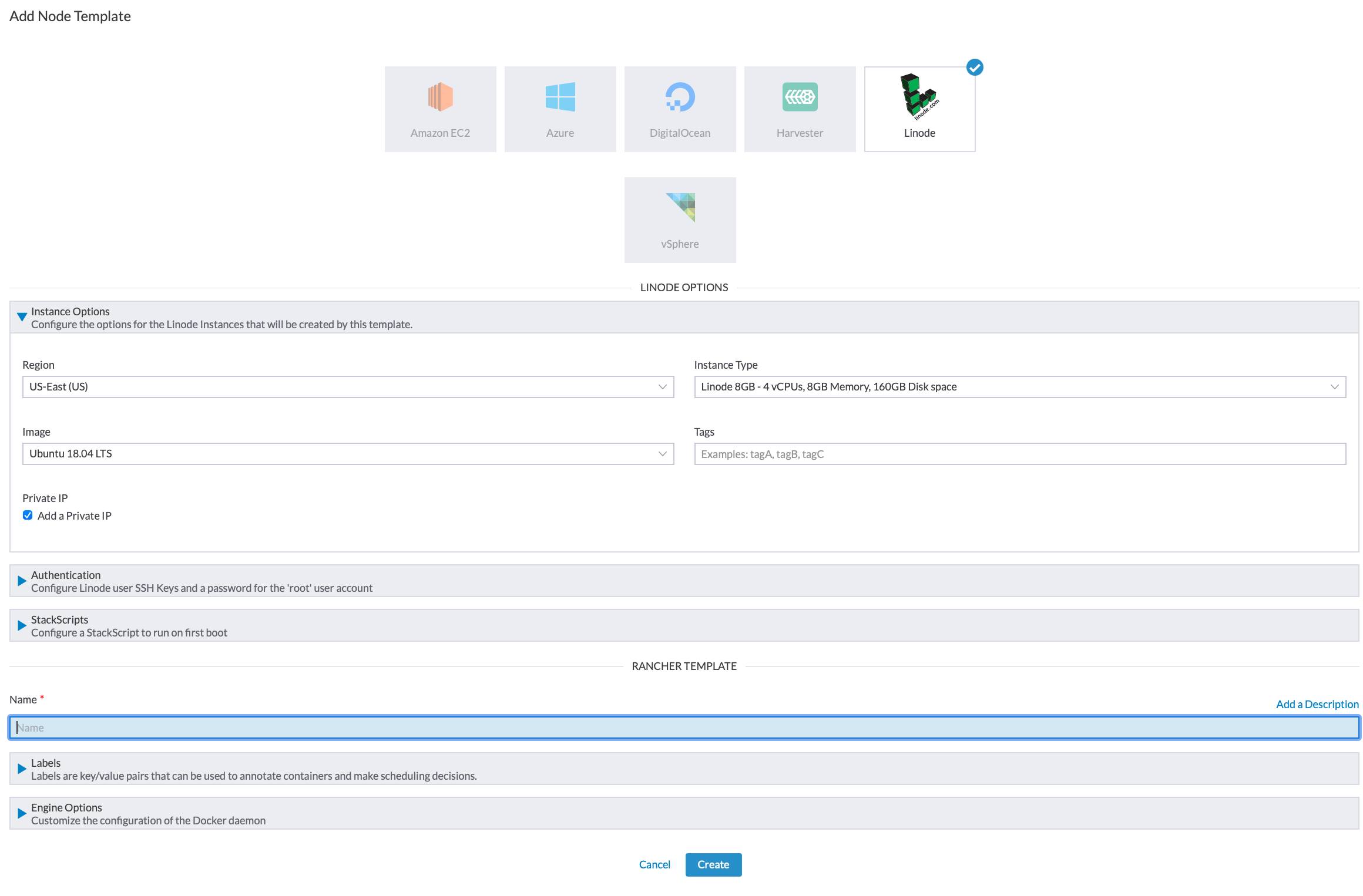 Rancher Add Node Template form - Linode options