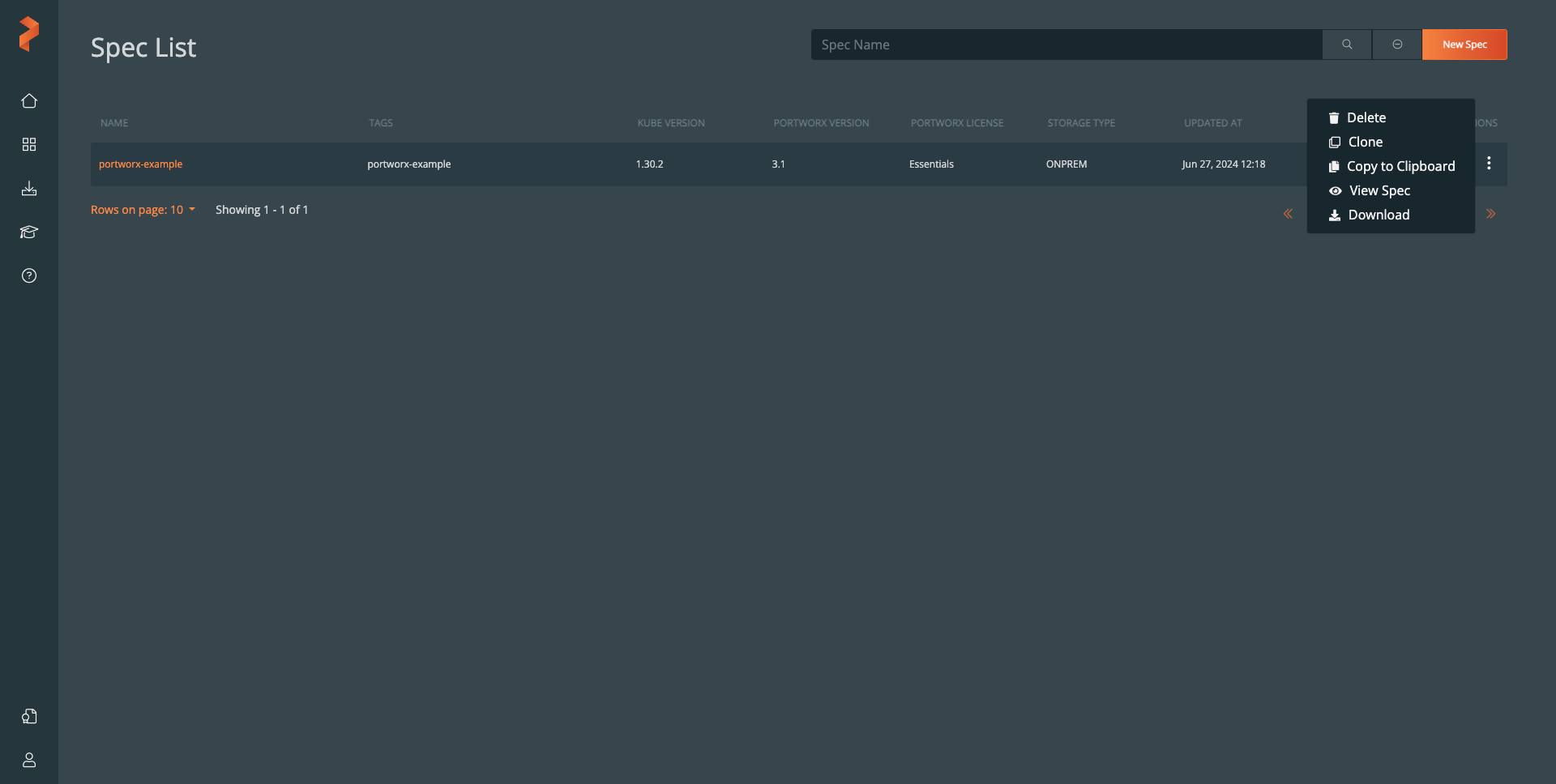 The Spec List section of Portworx Central with &ldquo;portworx-example&rdquo; listed and it&rsquo;s action menu opened.