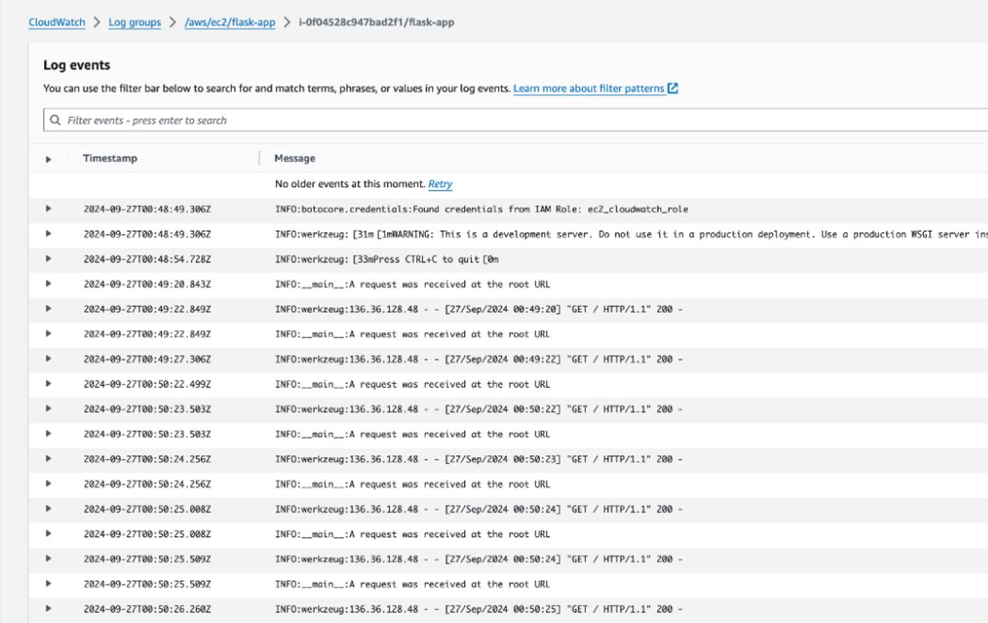 Example of CloudWatch logs with INFO level log entries for a Flask application.