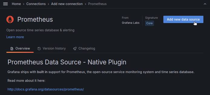 Grafana interface with Add New Data Source options, displaying Prometheus configuration fields.