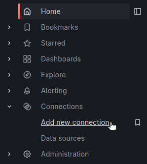 Grafana home menu with the option to add a new connection under the Connections section.