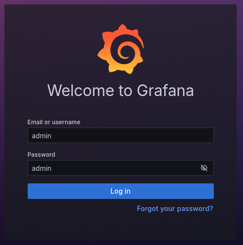 Grafana login page showing fields for entering username and password.