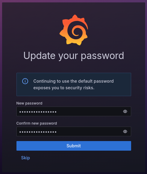 Grafana user interface prompting for a new password after the first login.