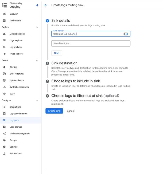 The GCP Cloud Logging interface showing the configuration of a log export sink.