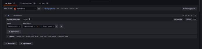 Grafana panel editor with the Code tab selected for entering a PromQL query.