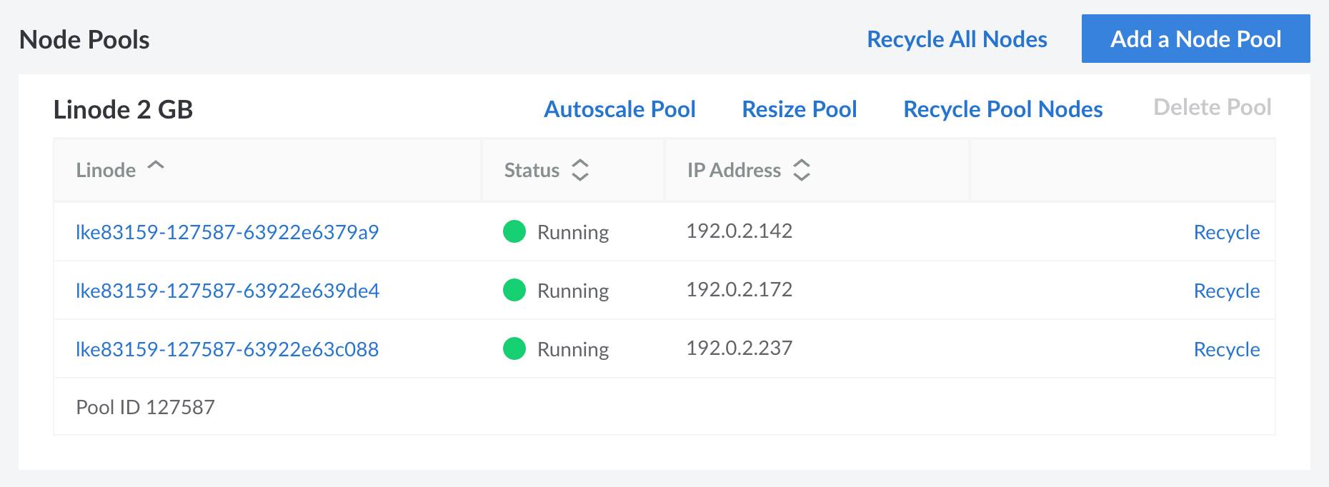 Screenshot of the Node Pools section of a cluster in Cloud Manager