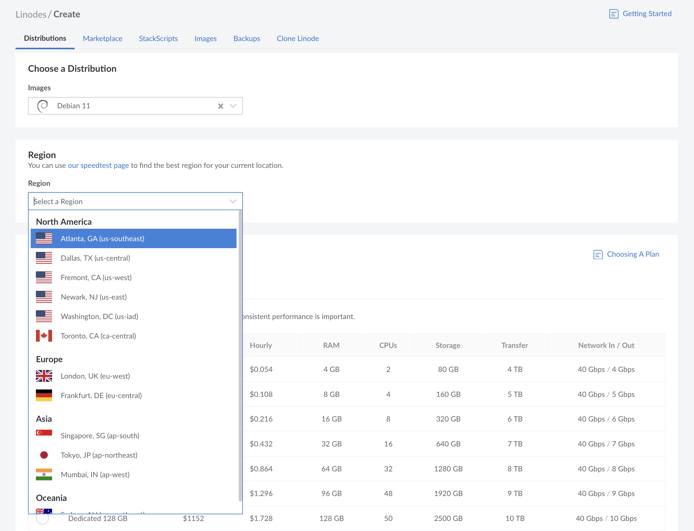 Linode Create form with regions menu opened